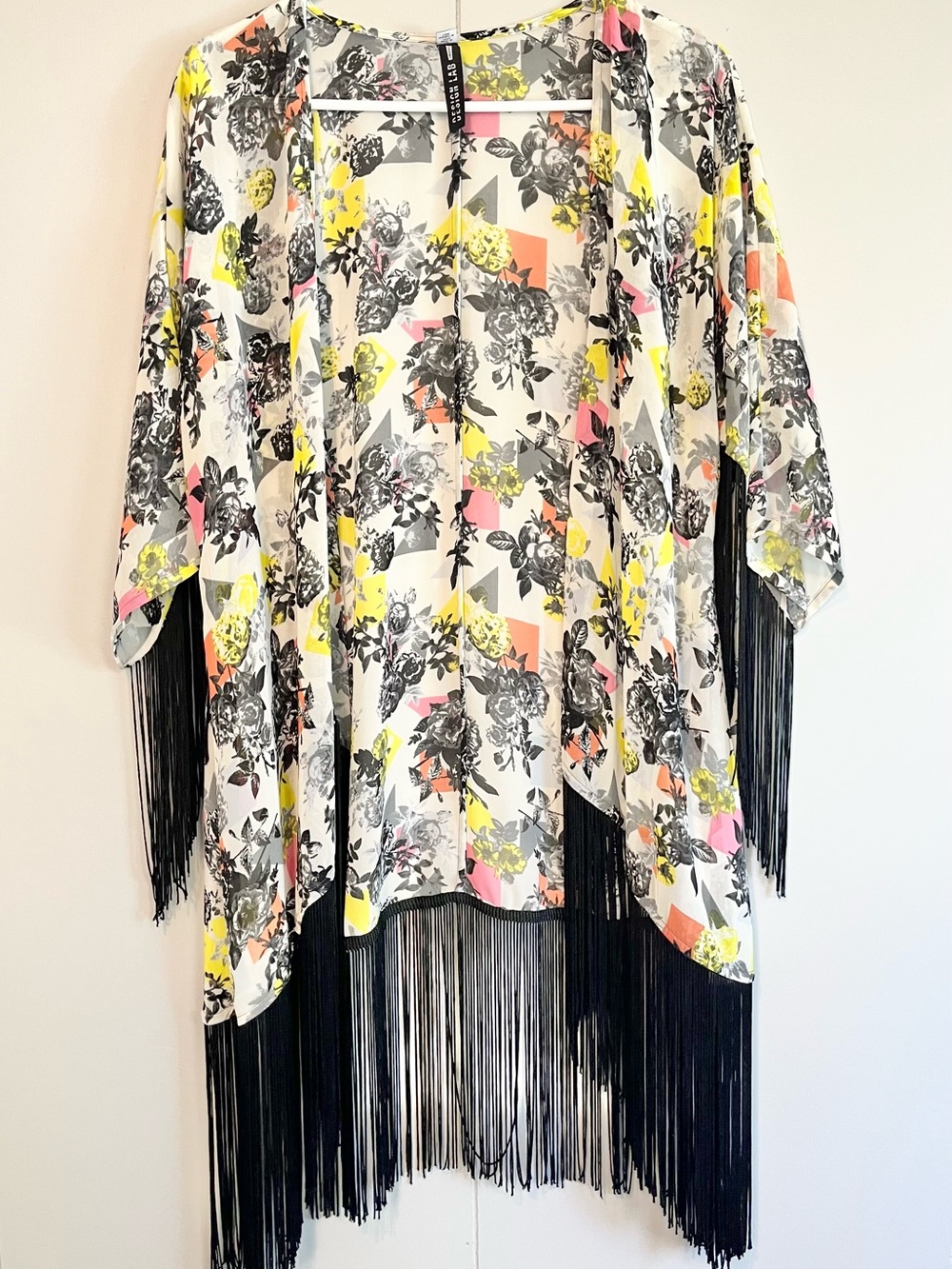 Design Lab Floral Fringe Kimono Cardigan Boho Festival Cover Up Small